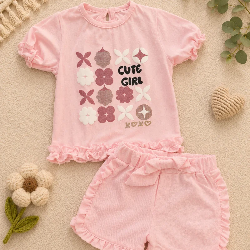 طقم صيفي بناتي قطعتين: تيشيرت بالفرافر "Cute Girl" مع شورت كيروت بالكرافات