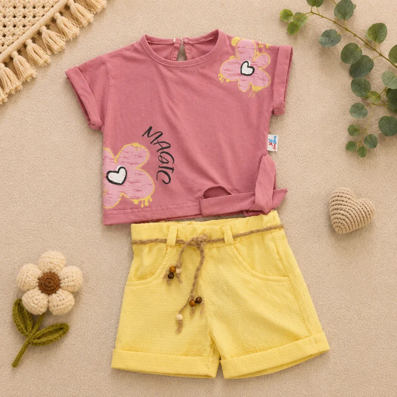 Ensemble d'Été 2 Pièces : Top Noué "Magic Flower" et Short en Coton avec Ceinture Corde