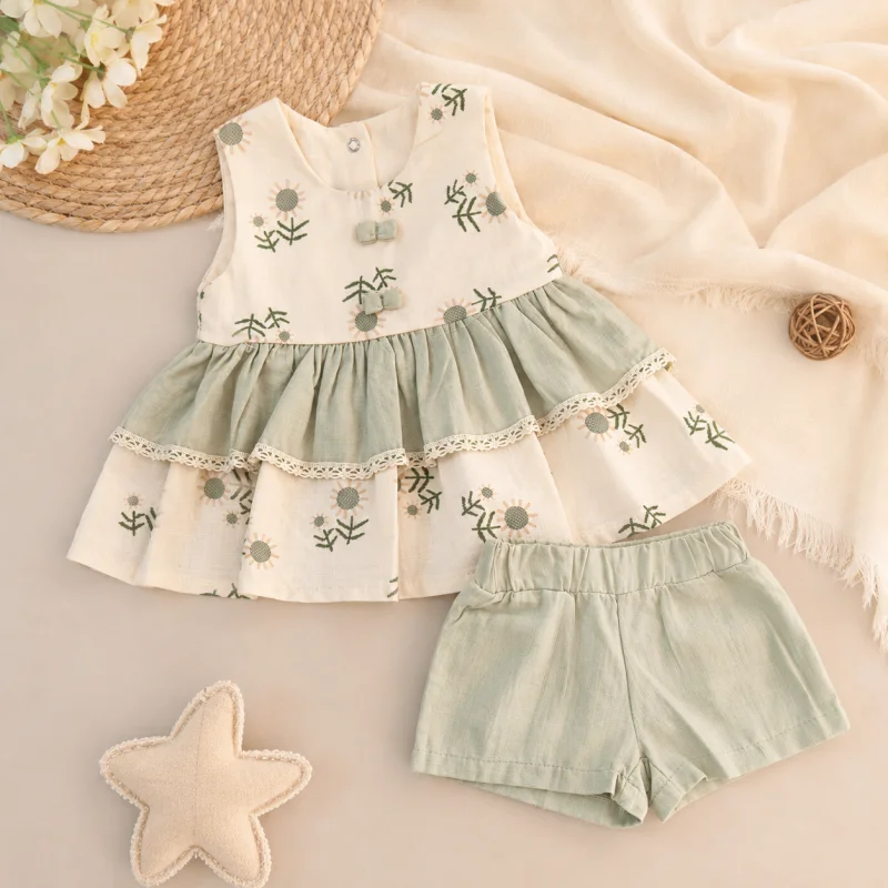 Ensemble d'Été 2 Pièces pour Fille : Top Évasé Imprimé Tournesols et Short en Coton Style Lin