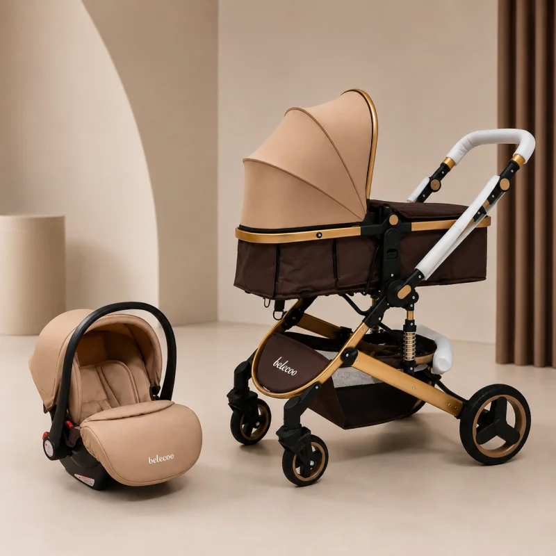 Poussette Trio Belecoo Luxe 3 en 1 : Landau Convertible, Siège Auto Cosy et Châssis Doré