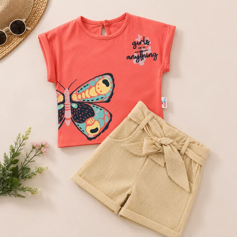 Ensemble d'Été 2 Pièces pour Fille : T-shirt Corail "Butterfly" et Short Beige à Ceinture Nouée