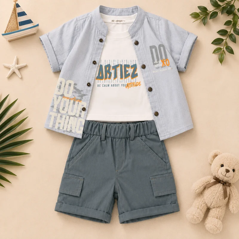 Ensemble Chic 3 Pièces pour Garçon : Chemisette Texturée, T-shirt Imprimé et Short Cargo