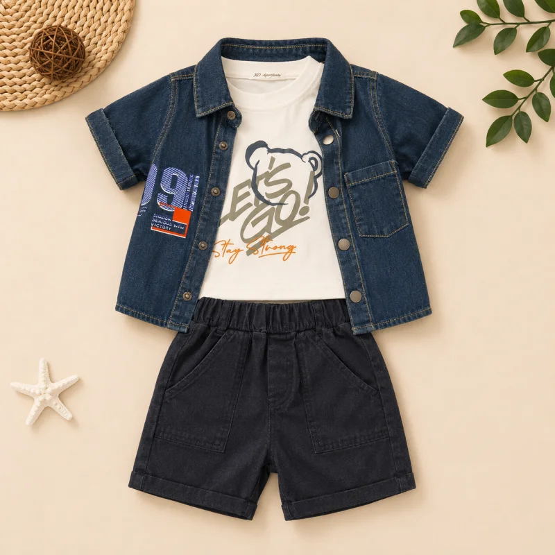 Ensemble 3 Pièces en Jean pour Garçon : Surchemise Denim, T-shirt Graphique et Short Assorti