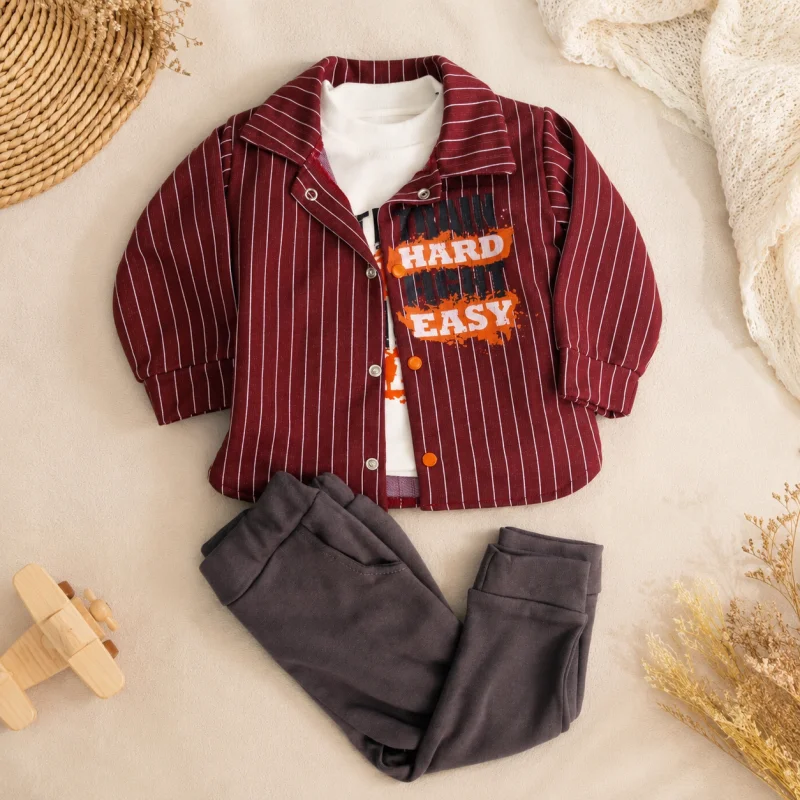 Ensemble enfant 3 pièces chemise rayée bordeaux – Train Hard