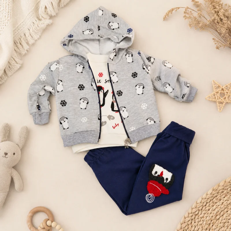 Three-Piece Hooded Penguin Baby Set – Grey and Navy