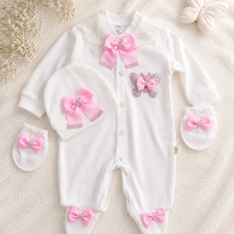 Kit de Naissance Prestige 4 Pièces : Grenouillère en Coton Blanc, Bonnet, et Moufles Assorties