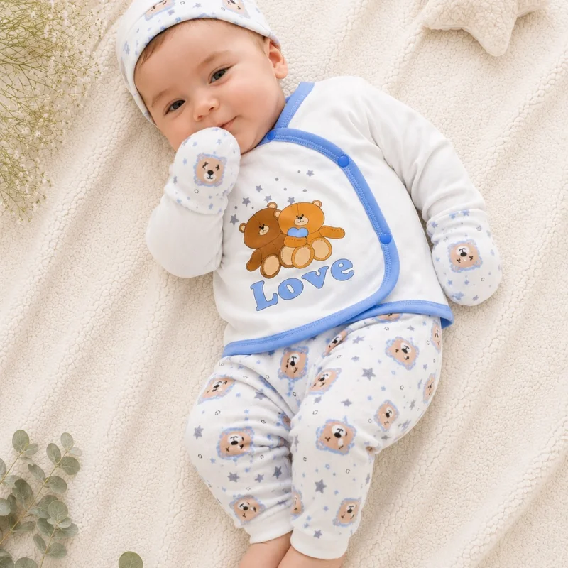 Kit de Naissance 5 Pièces en Coton Doux – Motif Ourson "Love" (Gilet, Pantalon, Bonnet et Moufles)