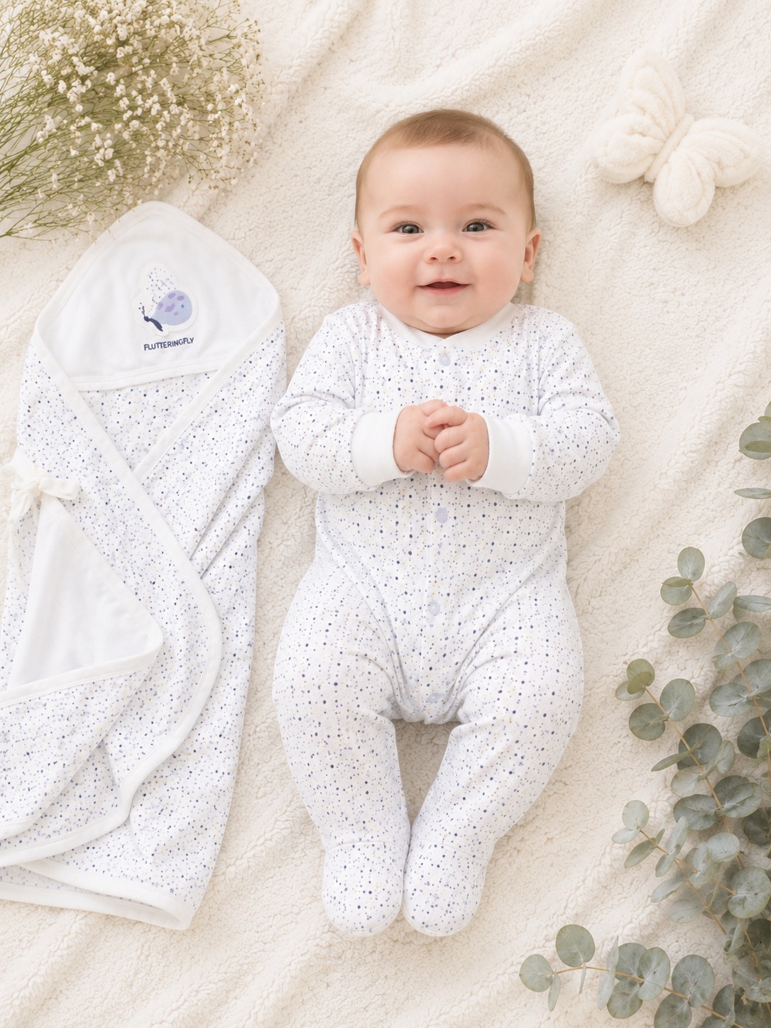 Minimalist 3-Piece Newborn Set: Footed Romper, Hooded Swaddle Blanket & Matching Bib