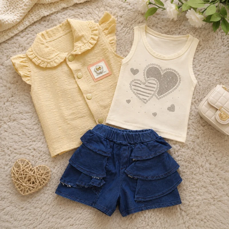 3-Piece Summer Outfit Set: Ruffled Button-Up Vest, Rhinestone Heart Tank Top, and Tiered Denim Skort