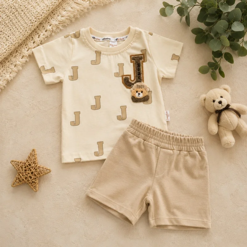 Ensemble 2 Pièces en Coton : T-shirt Imprimé Lettres et Short Assorti "Petit Ourson"
